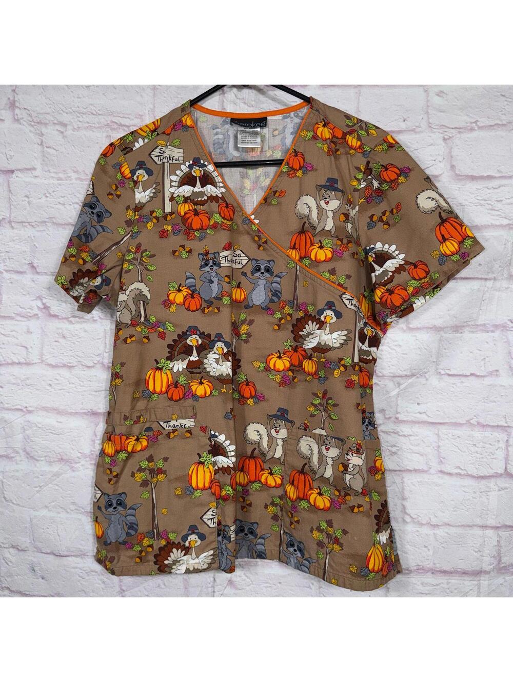 Cherokee Thanksgiving Themed Scrub Top - Size M